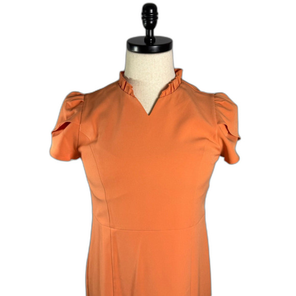Nanette Lepore Peachy Orange Pencil Dress Tulip Sleeves Ruffle V-Neck Sz 8 2/$50 - Picture 2 of 13